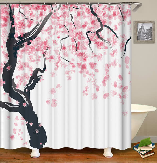 【BQ】Blomstret badeforhæng, 180cm x 200cm, Rosa Sort, Kirsebærblomst