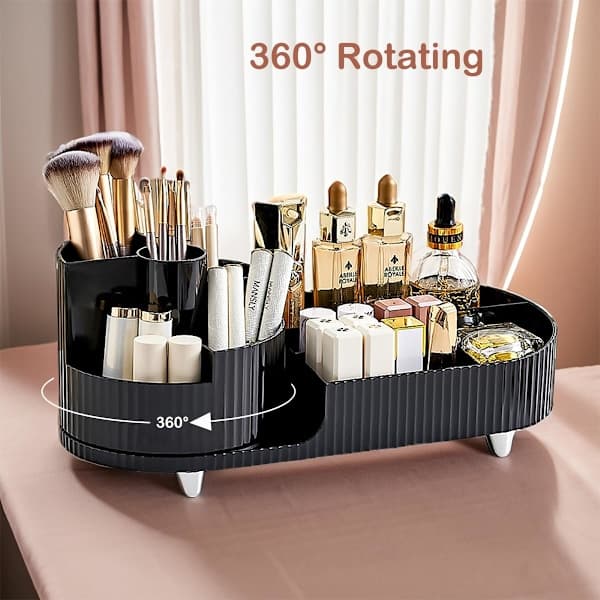 Makeup Organizer for Countertop, Rotating Makeup Organizer for Vanity, Large Capacity, Cosmetic Display Box with Makeup Brush Holder Black Black