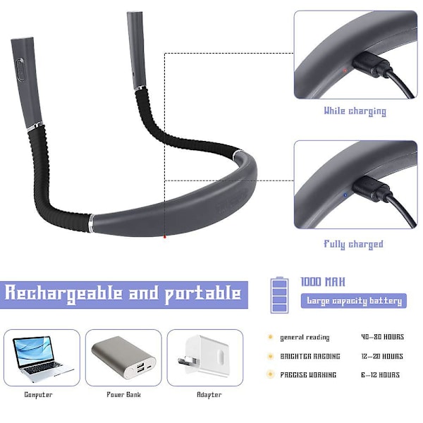 Rechargeable Neck Reading Lamp, Bed Reading Lamp, 3 Colors, 6 Brightness Levels, Foldable Arms, Long Lasting, Perfect for Reading, Knitting, Repairing