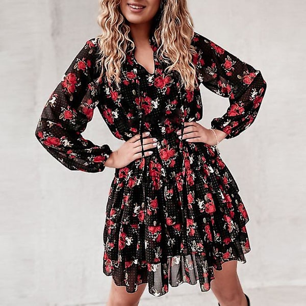 Dam V-ringad Blomklänning Print Långärmad Snörsklänning med volang Chiffong Dam Elegant A-linje Fest Vestidos 2021 L