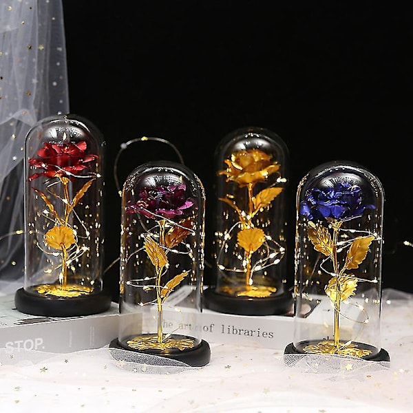 Eternal Roses Beauty And Animal Rose Kit i Glasskuppel Led-lys Kunstige blomster Rosegaver Til Kvinner Mammagave Purple