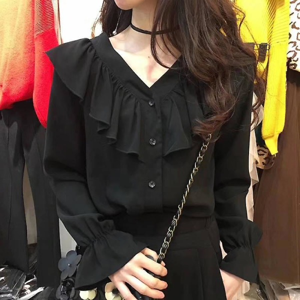 Blusar Skjortor Dam V-ringad volanger Chic Solid Flare Sleeve All-match Elegant enkelknäppt chiffong Koreansk stil Nytt mode black M
