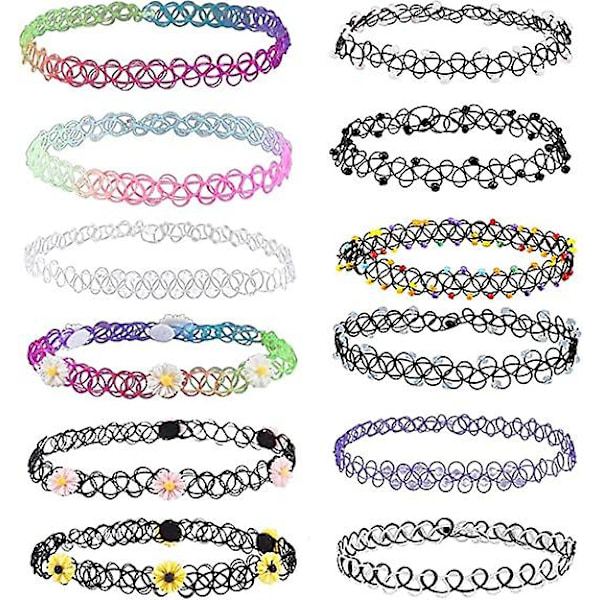 12 delar choker set gotiska elastiska halsband smycken för kvinnor flickor