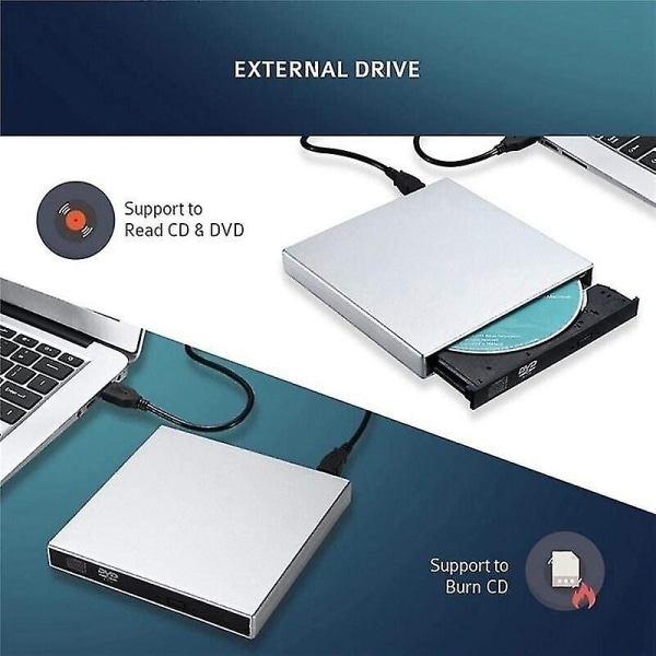 Extern USB 2.0 DVD-enhet, CD-ROM-enhet, Cd-rw-brännare, bärbar brännare, lämplig för bärbar dator, Windows, PC-svart