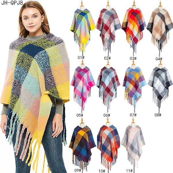 Grova fransar pullover mantel höst och vinter kvinnors förtjockade färg rutig sjal Blue 75cm