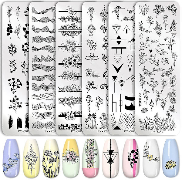 6 stk. stemplingsplader Nail Art Sæt Blomst Minimalistisk Geometriske Linjer Blade Mønster Temabillede Diy Nail Art Stempelplade Stempel