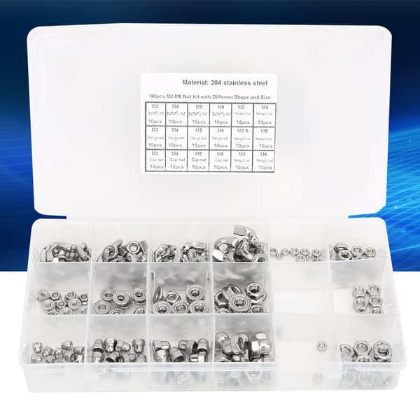 180 st Rostfria Muttrar Kit Vingmutter Flänsmutter Hattmutter Sexkantmutter M2 M2.5 M3 M4 M5 M6