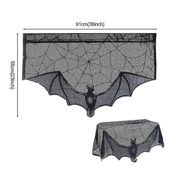 Halloween Fladdermus Bordslöpare Svart Spindelnät Spets Bordsduk Öppen spis Gardin För Halloween Fest Heminredning Skräckrekvisita A-91x58cm
