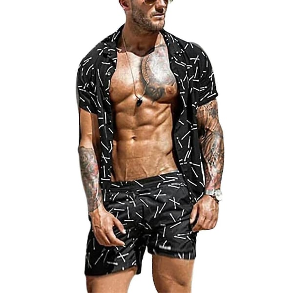 Men Hawaii Boho Summer Outfit Kortærmet Shirt Shorts Set Holiday Beach Black L