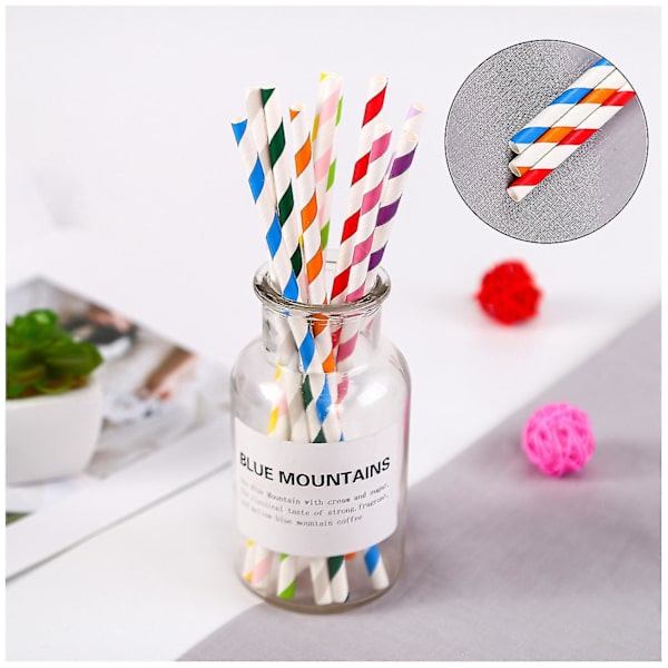 Biohajoavat paperipillit, 100 pilliä juhlatarvikkeille, syntymäpäiville, hääjuhliin Melange Stripes