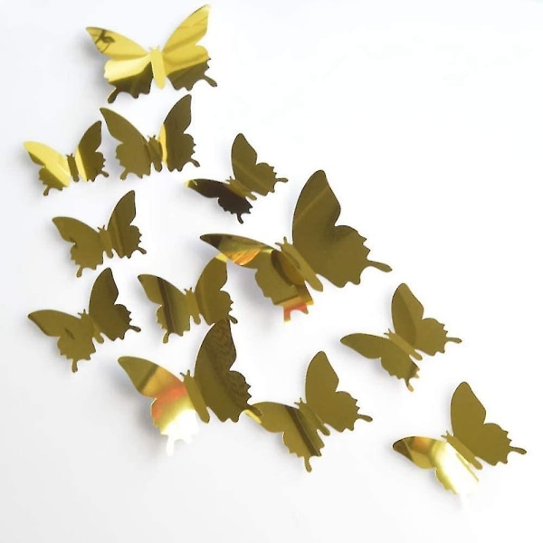 12 stk Stereospeil Butterfly Pet Mirror 3d Butterfly veggklistremerker Gold