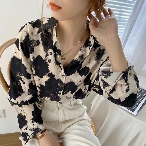 Naisten Puserot Paidat Käännettävä kaulus Muoti Sifonki Printed Casual Retro Korean Tyyli Street Wear Löysä Yksinkertainen Korkealaatuinen XL