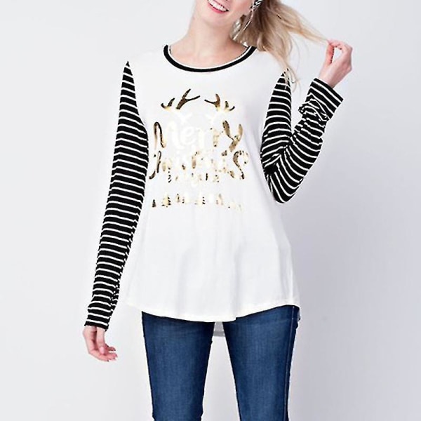 Hhcx-kvinner Xmas Printed Langermet T-skjorte Julebluse med rund hals