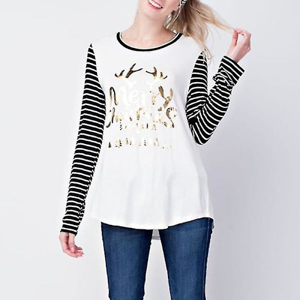 Hhcx-women Xmas Printed Long Sleeve T-shirt Christmas Crew Neck Blouse Top