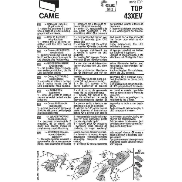 Came Top432na 2-pack 433,92 Mhz Håndholder fjernkontroll kompatibel Top432ev Top432ee