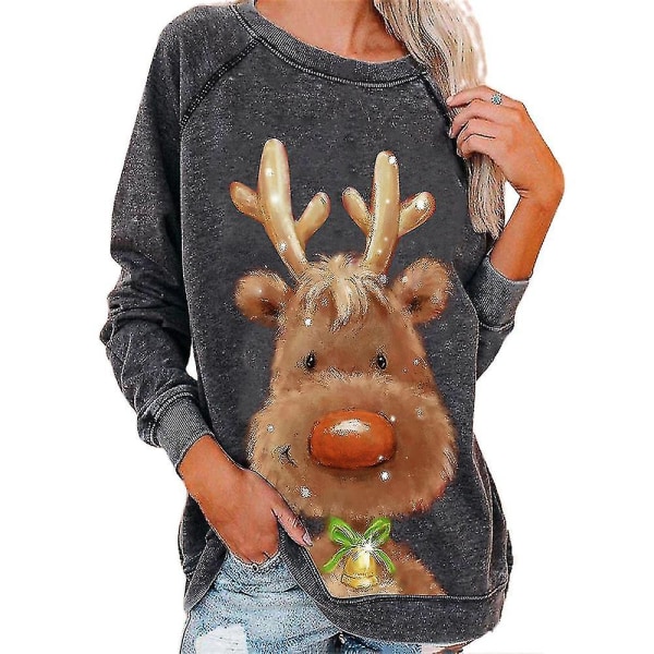 Hhcx-christmas Tunic Women Long Sleeve T-shirt Xmas Elk Printed Blouse Tops Dark Gray XL