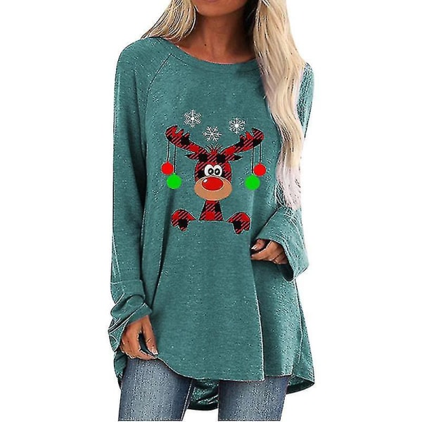 Hhcx-christmas Xmas Reindeer Print Women T-shirt Blouse Longline Top Lake Blue 5XL