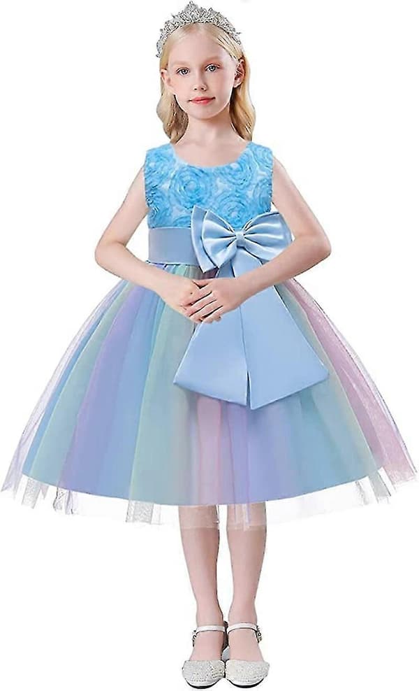 Ärmlös prinsessklänning med rosettsömmar, tyll och spets för flickor (blå, 110 cm) blue 110CM