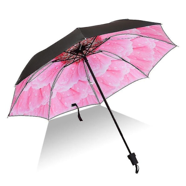 Blommigt Regn Sol Vikbart Paraply Vindtätt Anti Uv Kompakt Parasoll Big Pink Flower