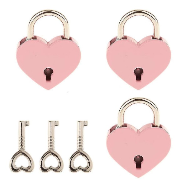 3 sett liten metall hjerteformet hengelås med nøkkel rosa Medium