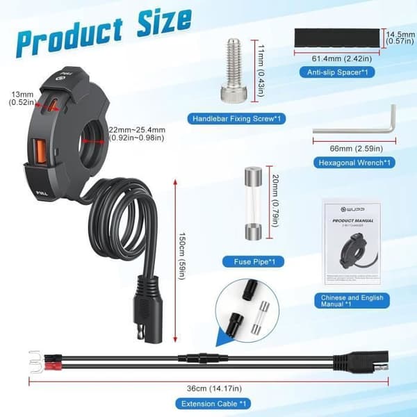 Motorcykel USB-laddare Vattentät - QC3.0 - USB PD Typ C - 12V-24V