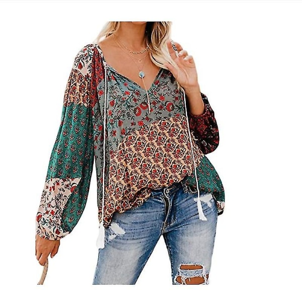 Kvinder blomstret Boho V-hals langærmede løs tunika bluse skjorter XL