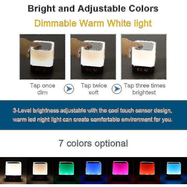 Nattljus med Bluetooth högtalare, 5 i 1 touch-lampa med färgändring, Rgb-dimbart digitalt larm