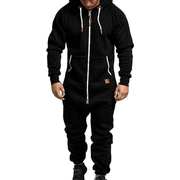 Mænd Onesie Hoodie Jumpsuit med lynlås Vinter Casual Hættetrøje Playsuit Black L