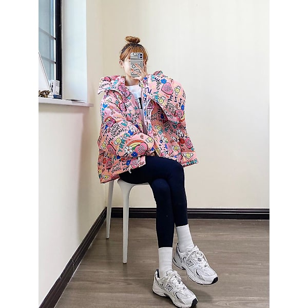Print Hooded Waterproof Bread Down Jacket Fleece Trend Pink M