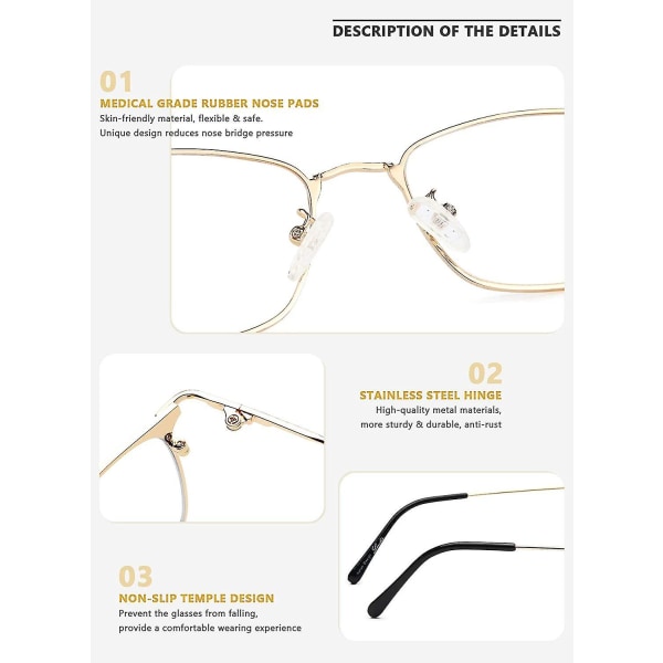 Blå lyse briller, mode firkantet letvægts stel Uv-filtrerende computerspilbriller (guld/klar linse)