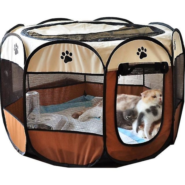 Bærbar sammenleggbar kjæledyr åttekantet bur for katt telt lekegrind valp kennel enkel betjening gjerde utendørs store hunder hus kaffe 74x74x43CM