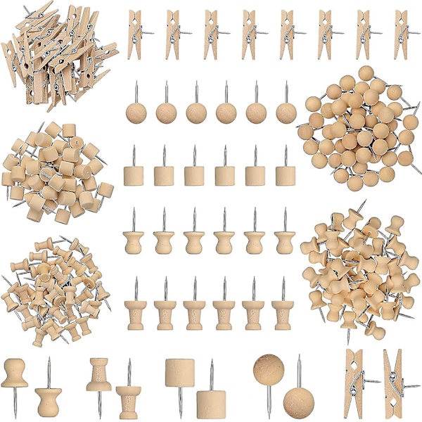 230 Pieces Wooden Push Pin , Push Pins Round Head With Pieces Hat-shapedwooden Clips Wooden Head Pins Steel Point Thumb Tacks