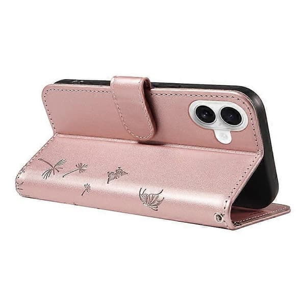 Kompatibelt läderfodral plånboksfodral med maskrostryck för iPhone 16 PinkGold