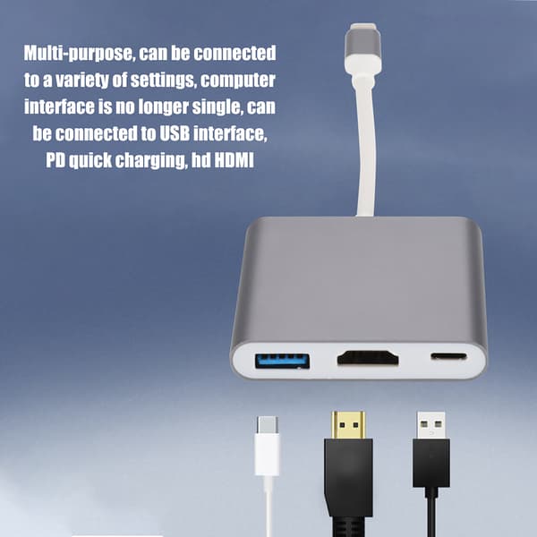 HC 04 Multifunktionel 3 i 1 Hub Type C til HDMI Output HD Konverter Adapter Dockingstation (grå)