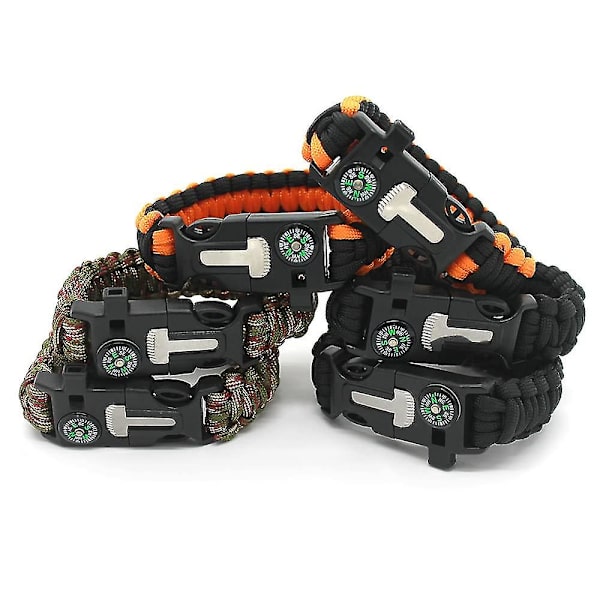 Survival Paracord Rannekoru; 5 in 1 Survival Kit. Laskuvarjo, piikivipilli, kompassi, kaavin/pullonavaaja. Retkeilyyn, retkeilyyn