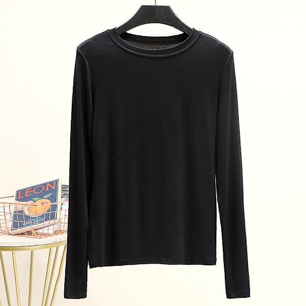 Basic t-shirt O-halsad långärmad dam T-tröjor med botten på hösten All Match T-shirt Plus Size Undertröja L svart L black