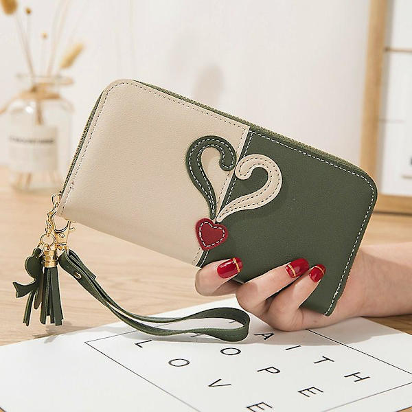 Kvinders hjerte multifunktion pung pengetaske Lady Long Pu læder lynlås clutch taske pung kortholder kvinde pung Green