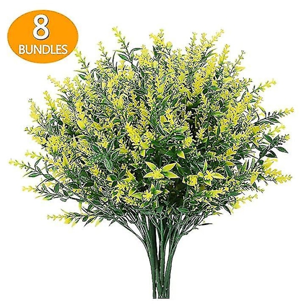 8 bundter af udendørs kunstige falske blomster og buske UV-resistente planter Yellow