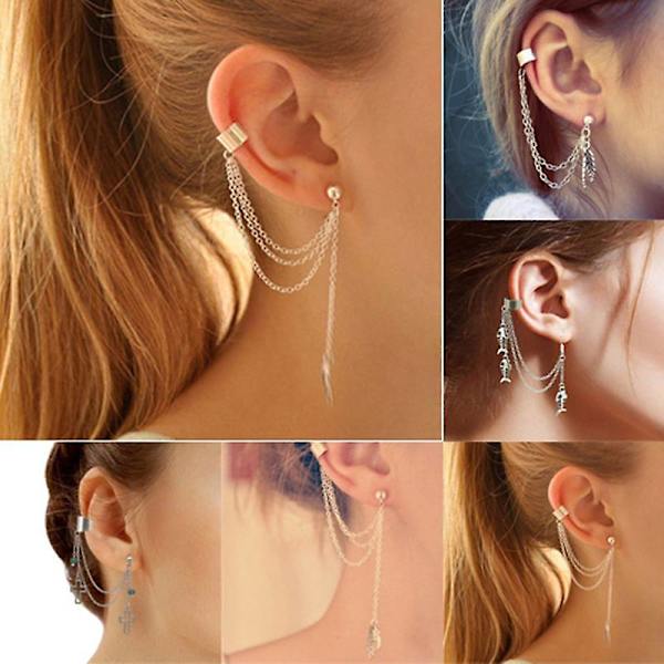 1 kpl Punk Tupsut Ketju Leaf Fish Cross Charms Ear Stud Cuff Korvakoru Koru Lahja
