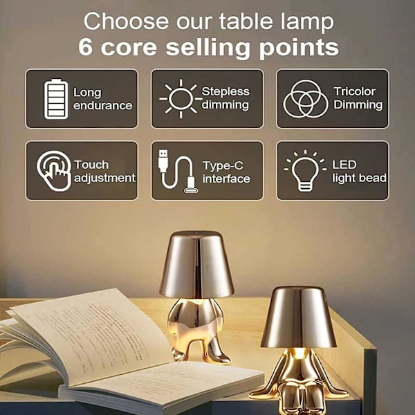 Den nya Thinker Lamp Gold - Unik Character Lamp för vardagsrum, sovrum, kontor - Dimbar inomhusbelysning med USB laddning - Heminredning silver silver Sitting style 8901