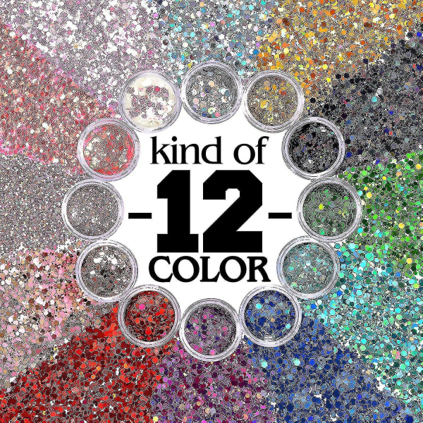 Holographic Chunky Glitter 12 Colors Total 120g Face Body Eye Hair Nail Festival Chunky Holographic Glitter Different Size, Stars And Hexagons Shaped