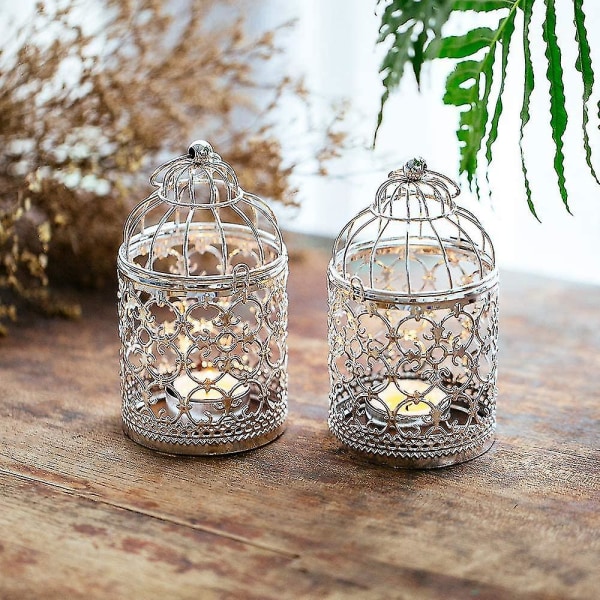 2 stk Lille metal fyrfadslys hængende fuglebur lanterne, vintage dekorative centerpieces, guld White