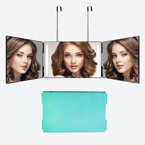 3-veis speil for selvskjæring av hår 360 speil med LED-lys, trifolds selv hårklippsspeil oppladbart med høydejusterbar Green with led