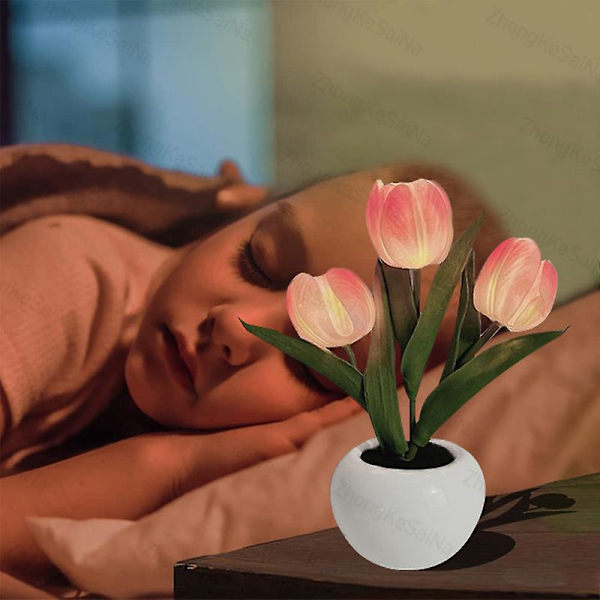 Led Tulip Night Light Simulation Flower Pöytävalaisin Kodinsisustus Tunnelmalamppu Romanttinen ruukkulahja toimistoon/huoneeseen/baariin/kahvilaan USB Rechargeable 3 Head White Tulip