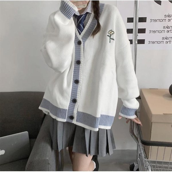 Deeptown Kawaii White Oversize genser Cardigan Dame Koreansk stil Harajuku Preppy Fashion V-hals Genser Dame Overdeler L