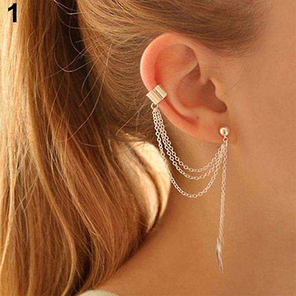 1 kpl Punk Tupsut Ketju Leaf Fish Cross Charms Ear Stud Cuff Korvakoru Koru Lahja