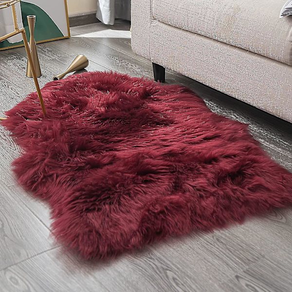 Lyxigt mjukt imiterat fårskinnsstolsöverdrag Sittdyna Dyna Plyschpälsmattor Kompatibel med sovrum, 2 fot X 3 fot, vit Burgundy 2 * 3 ft