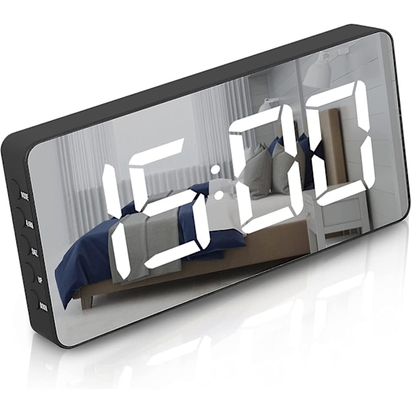 ny stil Digital Alarm Clock Large Mirrored Led Clock Snooze Function Dimming Mode Beside Clock For Bedroom Decor -black