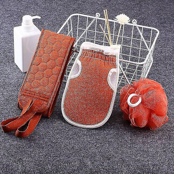 Tredelad tjock lera gnidning och sanering Badboll Combo Set Pull Back Strip Lång Gnid Back Handduk Orange