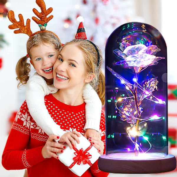 Eternal Roses Beauty And Animal Rose Kit i Glasskuppel Led-lys Kunstige blomster Rosegaver Til Kvinner Mammagave Purple